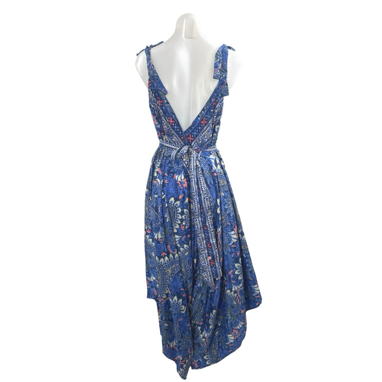 Advance Blue Silk Floral Paisley V Neck Tie Sleeveless A Line Maxi Dress Sz L/XL