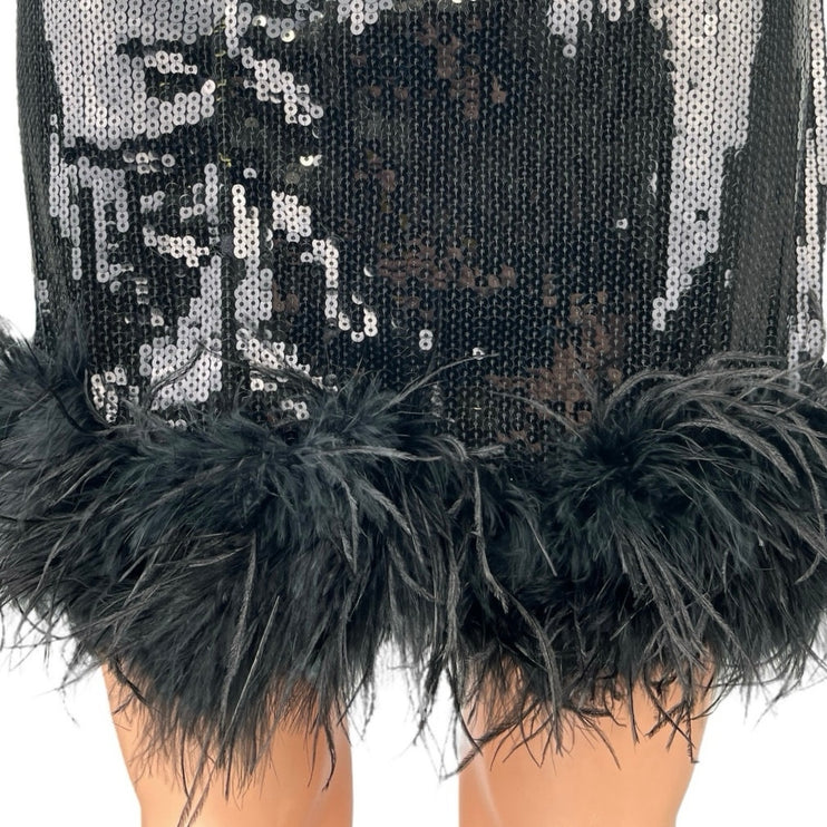 12th Tribe Black Sequin Feather Darling Novelty High Waist Pencil Mini Skirt L