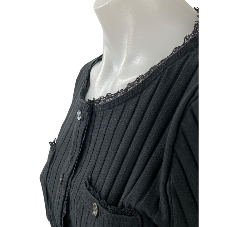 J.Crew Pointelle Black Ribbed Lace Trim Button Down Crop Cardigan Sweater Top S