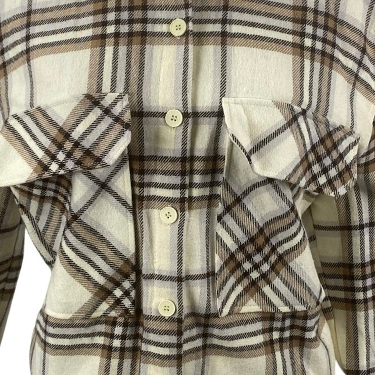 Zara Plaid Check Collared Long Sleeve Crop Button Up Shirt Coat Jacket Top Sz S