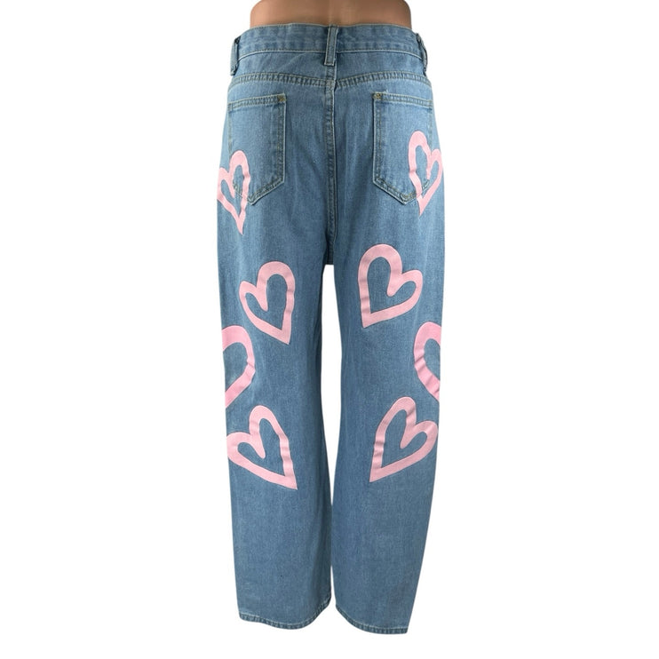 Colorful Natalie Blue Pink Hearts High Waisted Baggy Wide Leg Denim Jeans Size L