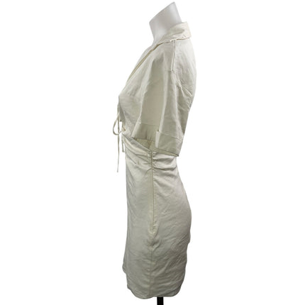 Zara Ivory White Stretch Linen Short Sleeves Tie Front Mini Bodycon Dress Size S
