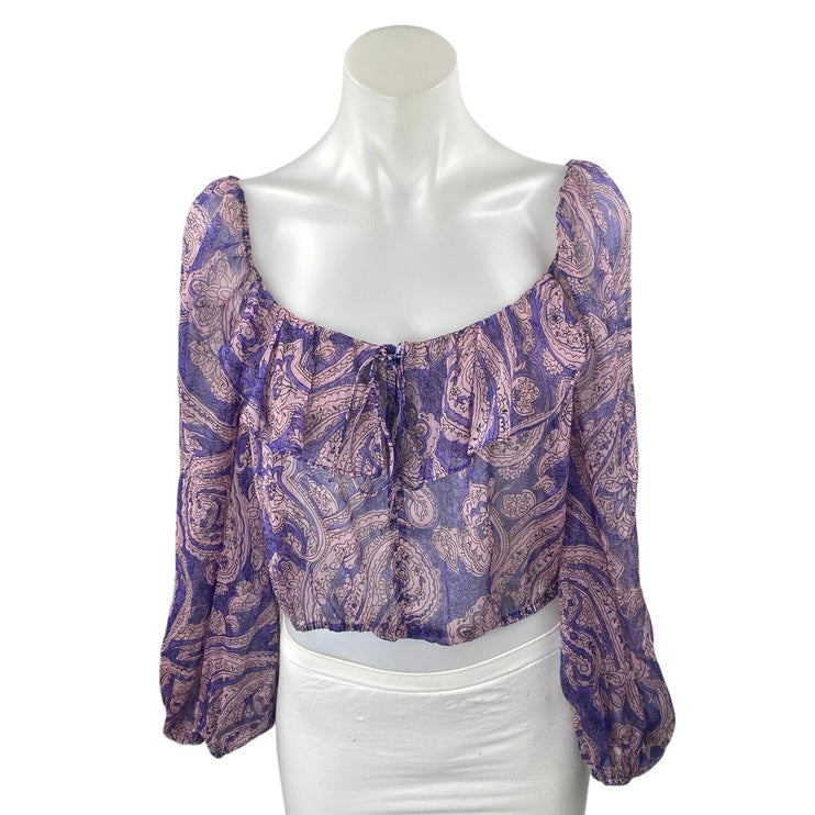 Zara Women's Purple Paisley Ruffle Long Puff Sleeve Sheer Crop Blouse Top Size L