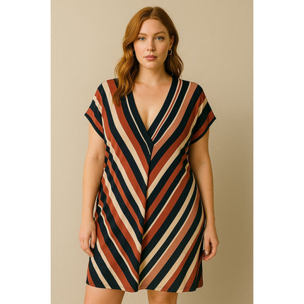 MNG Mango Multicolor Striped Short Drop Sleeve V Neck A Line Mini Day Dress Sz L