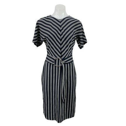 Warehouse Women's Black White Stripe Short Sleeve Belted Midi Sheath Dress Sz 8