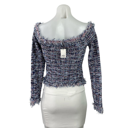 NEW Zara Multicolor Tweed Off The Shoulder Fringe Frayed Long Sleeve Crop Top S