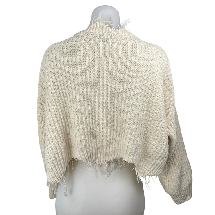 Dress Forum Womens Ivory Ripped Frayed Long Sleeve Crop Sweatshirt Sweater Top S