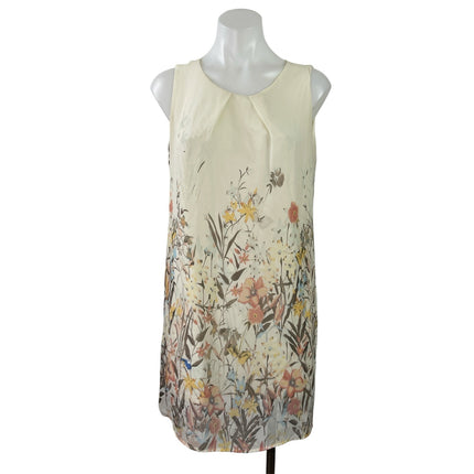 MAX Women's Beige Sleeveless Floral Pleated Crew Neck Mini Shift Dress Size 10