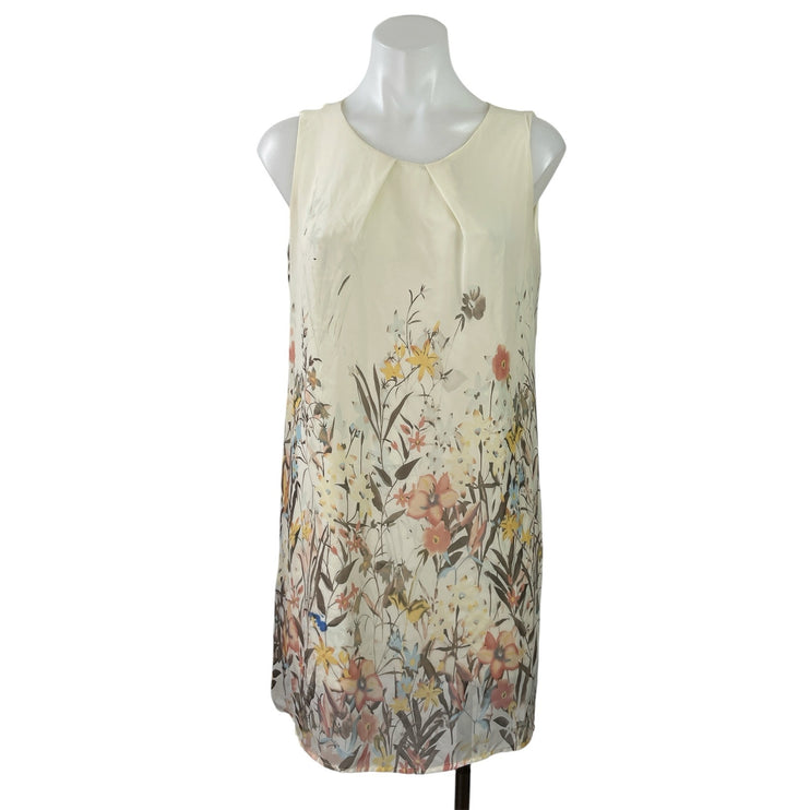 MAX Women's Beige Sleeveless Floral Pleated Crew Neck Mini Shift Dress Size 10