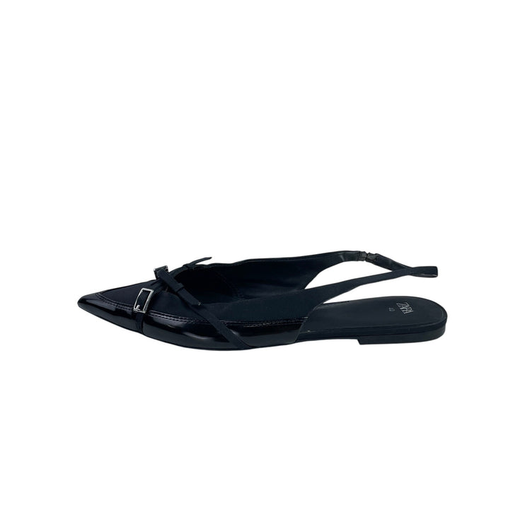 Zara Women's Black Faux Leather Pointed Toe Slingback Buckle Flat Sandals Size 9