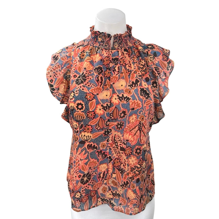 Elie Tahari Orange Blue Floral Dots Turtleneck Smocked Ruffle Blouse Top Size XS