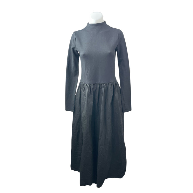Marcella Women's Black Long Sleeve Mock Neck Pleated Fit & Flare Maxi Dress Sz M