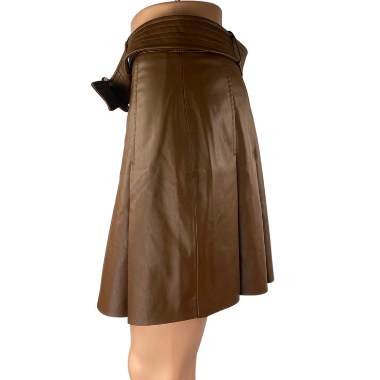 Zara Women's Brown Faux Vegan Leather Pleated Belted Mini A-Line Skirt Size L