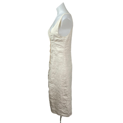 Sancia Beige 100% Linen Sleeveless Sweetheart Button Up Tank Shirt Midi Dress M