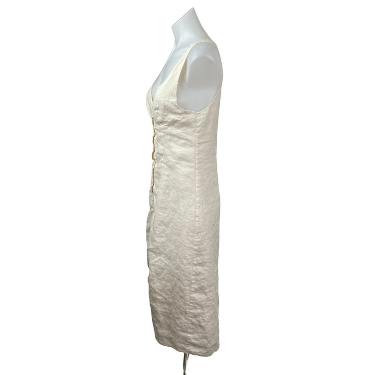 Sancia Beige 100% Linen Sleeveless Sweetheart Button Up Tank Shirt Midi Dress M