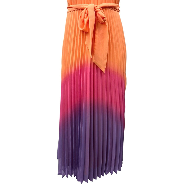 Taylor Ombre Orange Cambria Chiffon Pleated Tie Sleeveless Midi Dress Size M