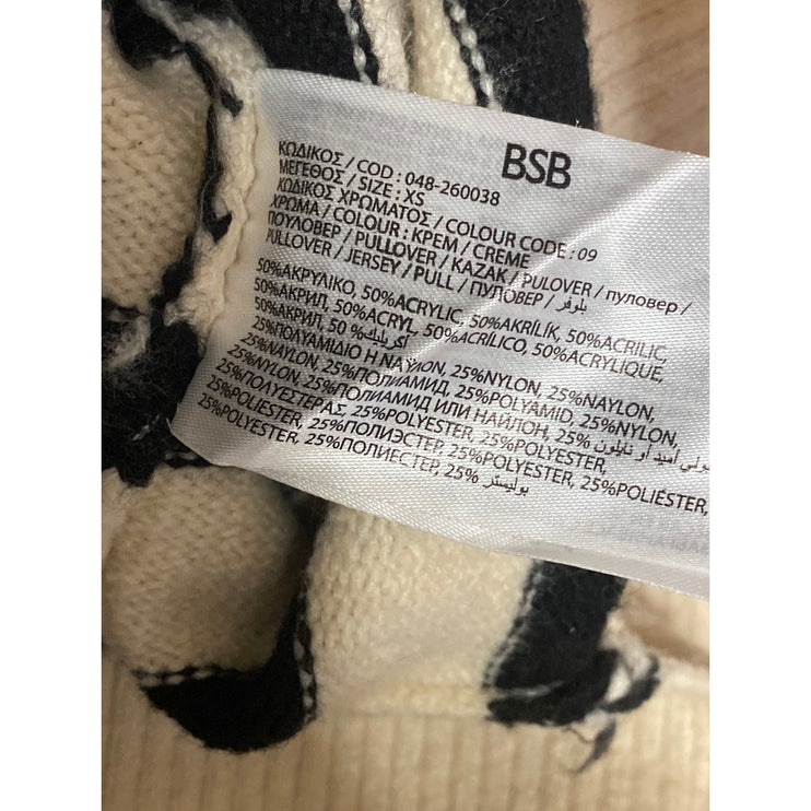 BSB Jeans Women's Beige Black Striped Long Sleeve Rib Knit Sweater Top Size XS