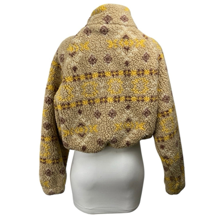 Love Tree Women Beige Full Zip Long Sleeve Faux Sherpa Teddy Sweater Top Size M
