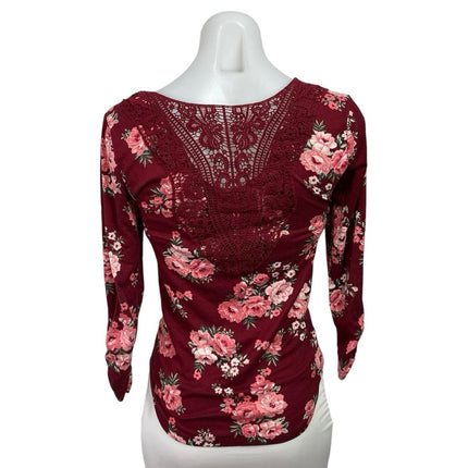 No Boundaries Burgundy Red Vneck Floral 3/4 Sleeve Faux Button Tie Blouse Top XS