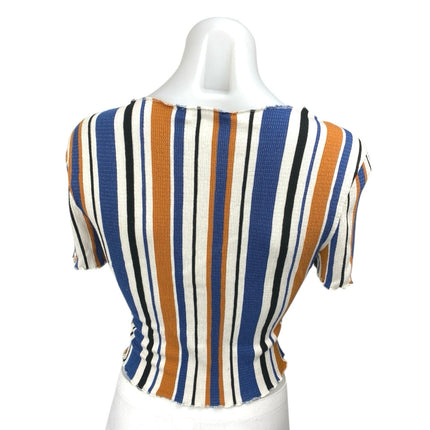 Love Tree Multicolor Striped Knit Short Sleeve Stretch Crop Tee Shirt Top Size M