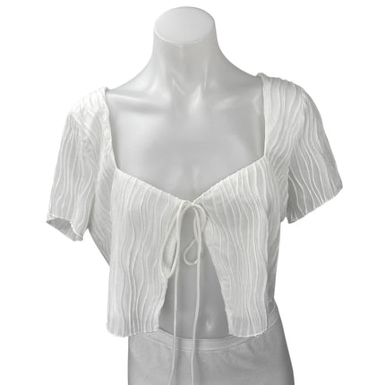 Princess Polly White Short Sleeve Pleated Tie Cardigan Blouse Crop Top Size 10