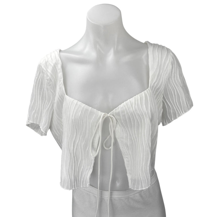 Princess Polly White Short Sleeve Pleated Tie Cardigan Blouse Crop Top Size 10