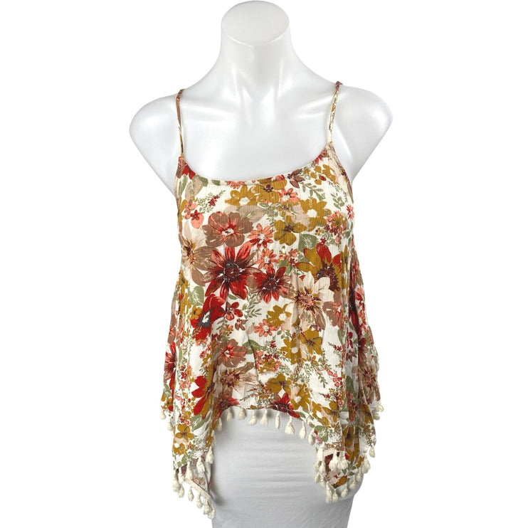 Women's Multicolor Floral Sleeveless Tassel Tie Asymmetric Y2K Cami Tank Top S