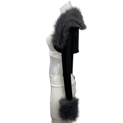 NEW Romwe Black Fluffy Collar Faux Fur Feather Cropped Cardigan Shrug Size XS