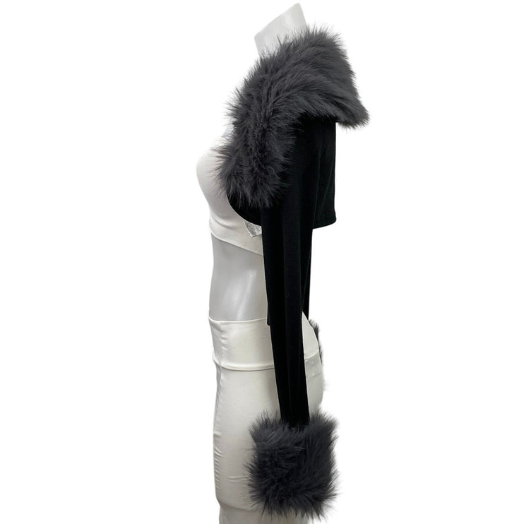 NEW Romwe Black Fluffy Collar Faux Fur Feather Cropped Cardigan Shrug Size XS