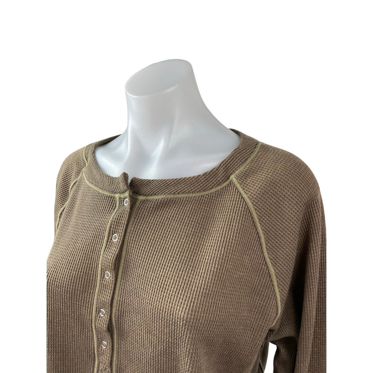 Free People Early Night Contrast Stitch Cropped Henley Waffle Knit Thermal Top L
