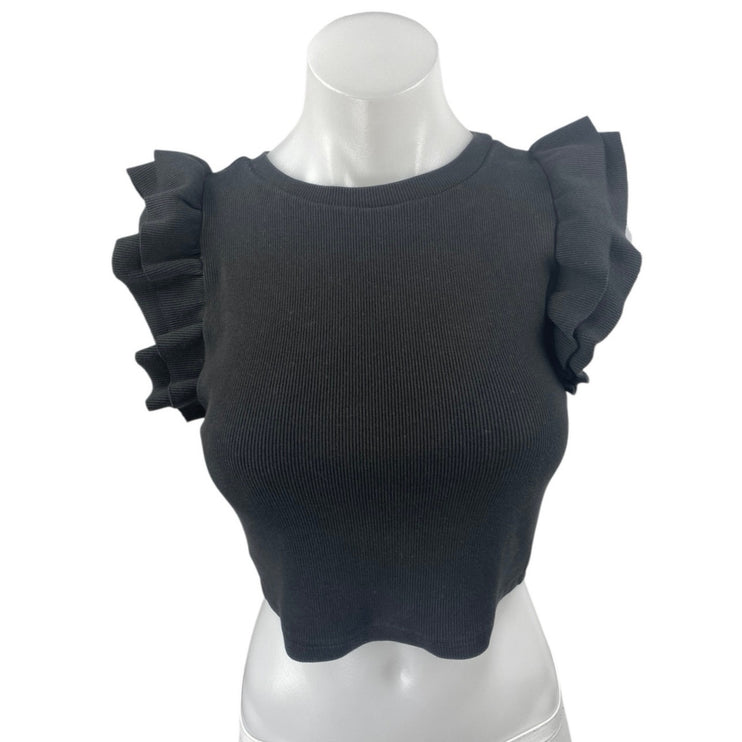 Zara Women's Black Ruffle Sleeve Ribbed Knit Crew Neck Crop Blouse Top Size M