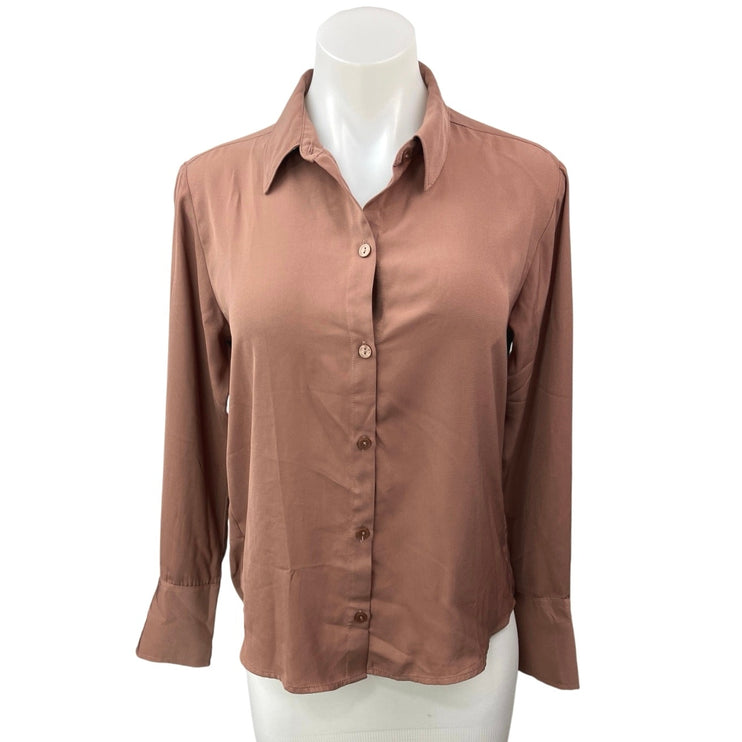 Abercrombie & Fitch Brown Tan Silk Satin Button Up Boyfriend Shirt Blouse Top XS