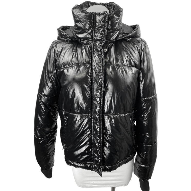 Gap Fit Women's Black Full Zip Snap Button Hoodie Hooded Crop Puffer Jacket Sz M