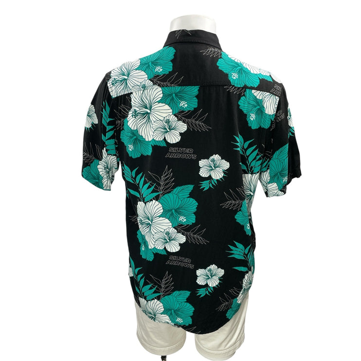 AMG Petronas Mens Black Short Sleeve Floral Short Sleeve Button Down Shirt Top L