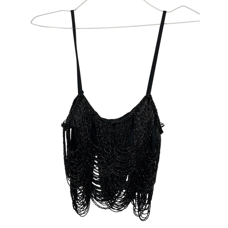 Zara Women's Black Sleeveless Beaded Fringe Cami Camisole Crop Tank Top Size XS