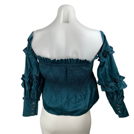 Petersyn Women's Teal Blue Long Sleeve Ruffle Smocked Peplum Crop Top Size S