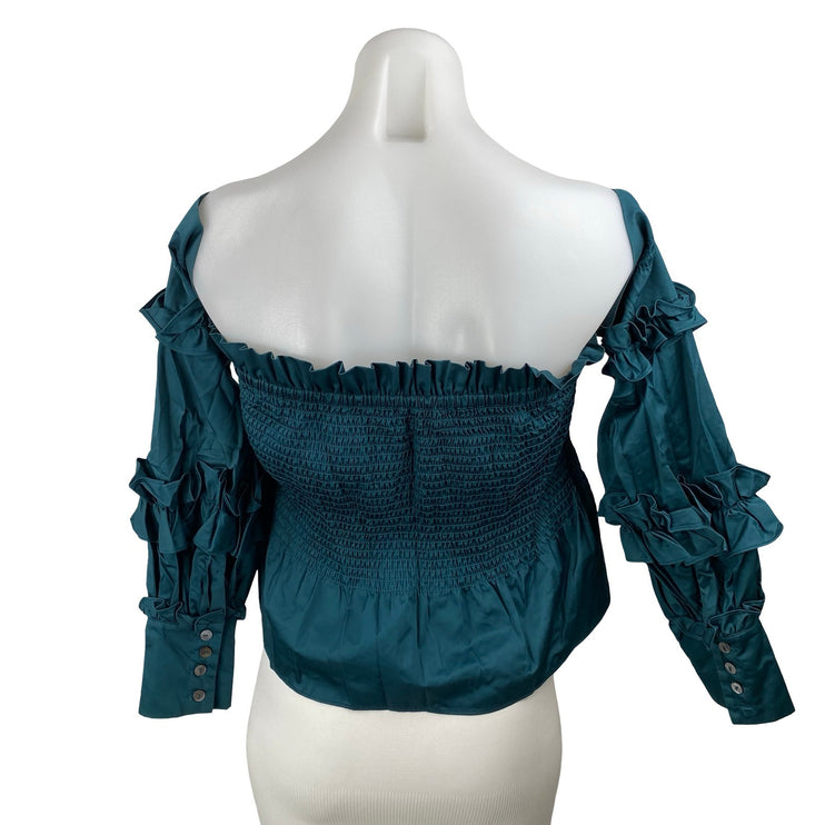 Petersyn Women's Teal Blue Long Sleeve Ruffle Smocked Peplum Crop Top Size S