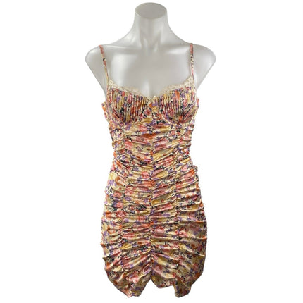 For Love & Lemons Gardenia Multicolor Floral Sleeveless Ruched Bodycon Dress S