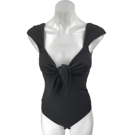 NEW Lulus Black Short Cap Sleeve Tie Ribbed Knit Sculpt Bodysuit Top Size S