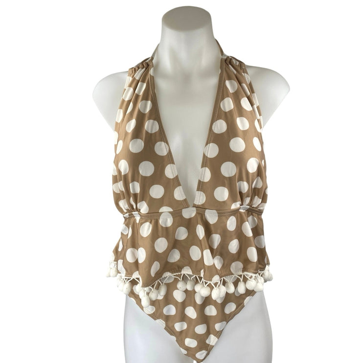 Boohoo Tan White Polka Dot Sleeveless Pom Pom Camisole One Piece Swimwear Sz 14