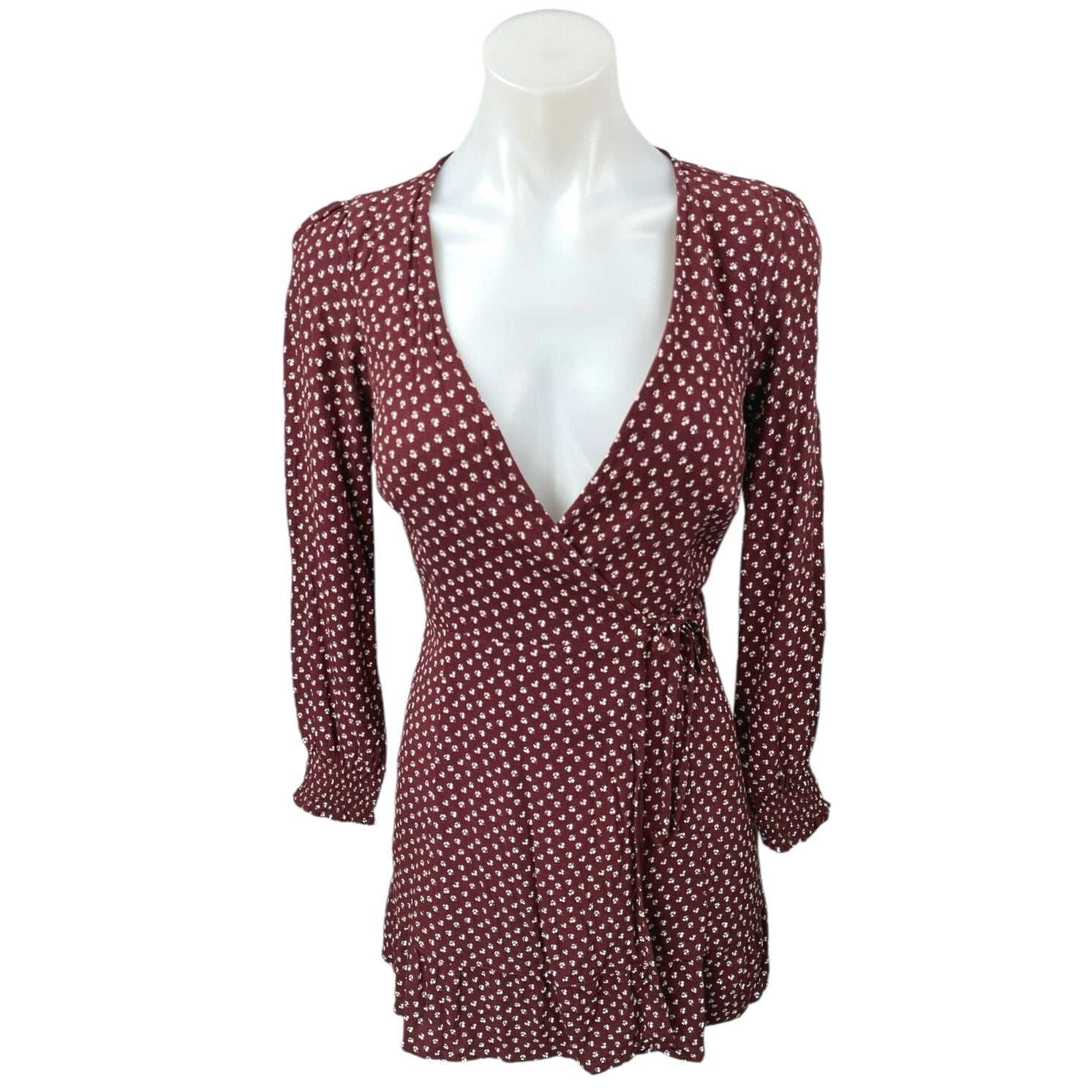 Abercrombie & Fitch Brown Floral Plunge V-Neck Long Sleeve Mini Wrap D Brie Abercrombie & Fitch Brown Floral Plunge V-Neck Long Sleeve Mini Wrap D Brie