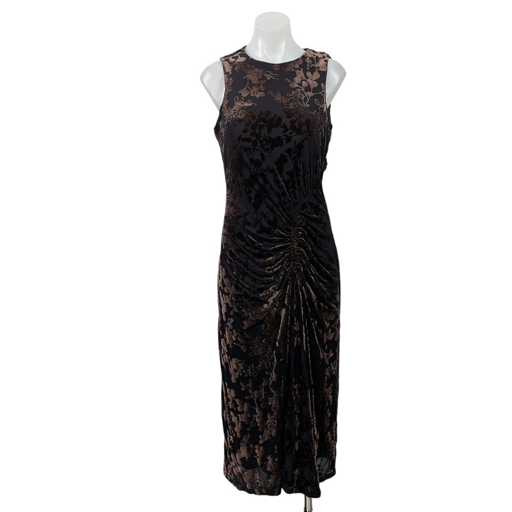 Taylor Black Brown Burn Out Velvet Sleeveless Tank Sheath Midi Dress Size 8