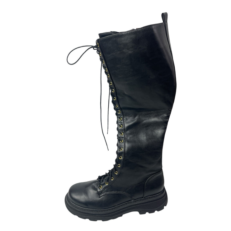 Maxwell Women's Black Leather Lace Up Round Toe Knee High Combat Riding Boots 8