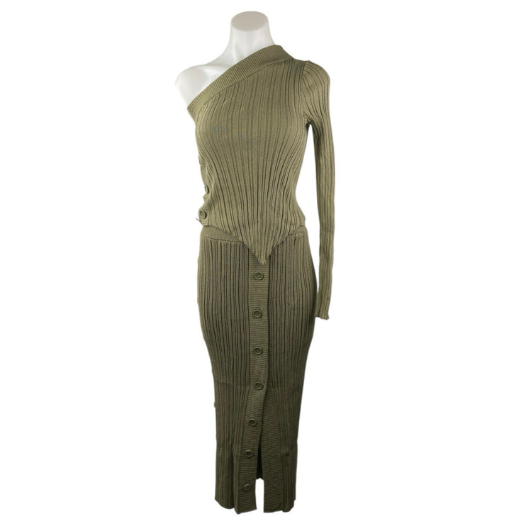 NEW Mango MNG Sally Green Rib Knit One Shoulder Long Sleeve Button Skirt Set S