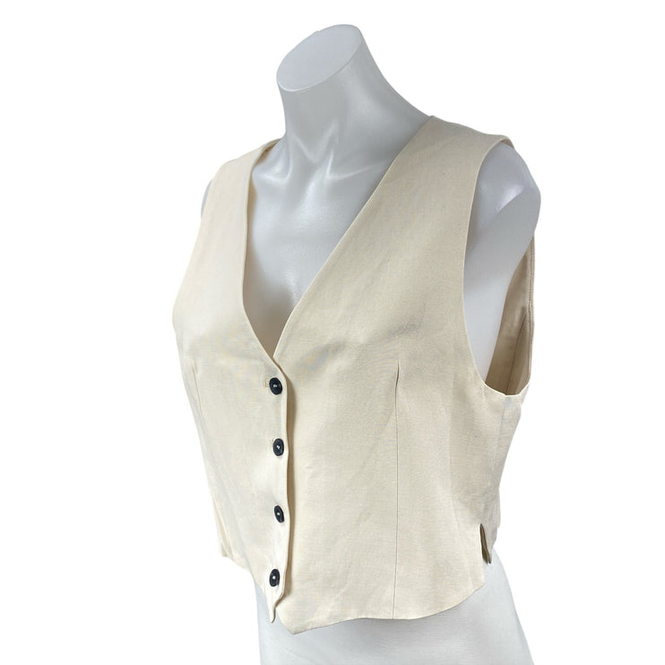 Zara Beige Sleeveless Knit V Neck Button Down Vest Shirt Blouse Crop Top Size L