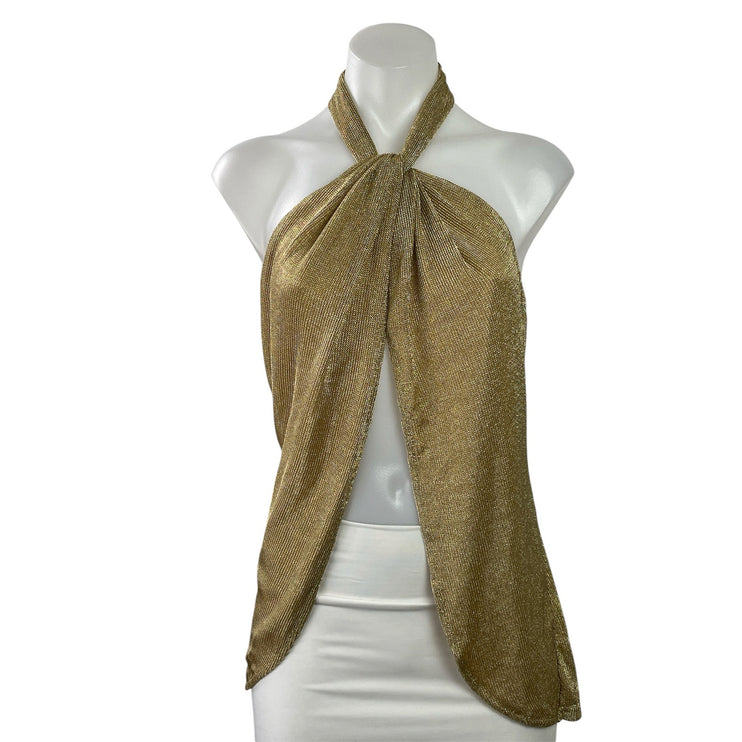 12th Tribe Moonlit Kiss Gold Lurex Halter Split Sleeveless Blouse Top Size M