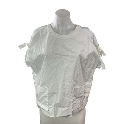 Visit in New York White Round Neck Bow Short Puff Sleeves Tunic Blouse Top M/L