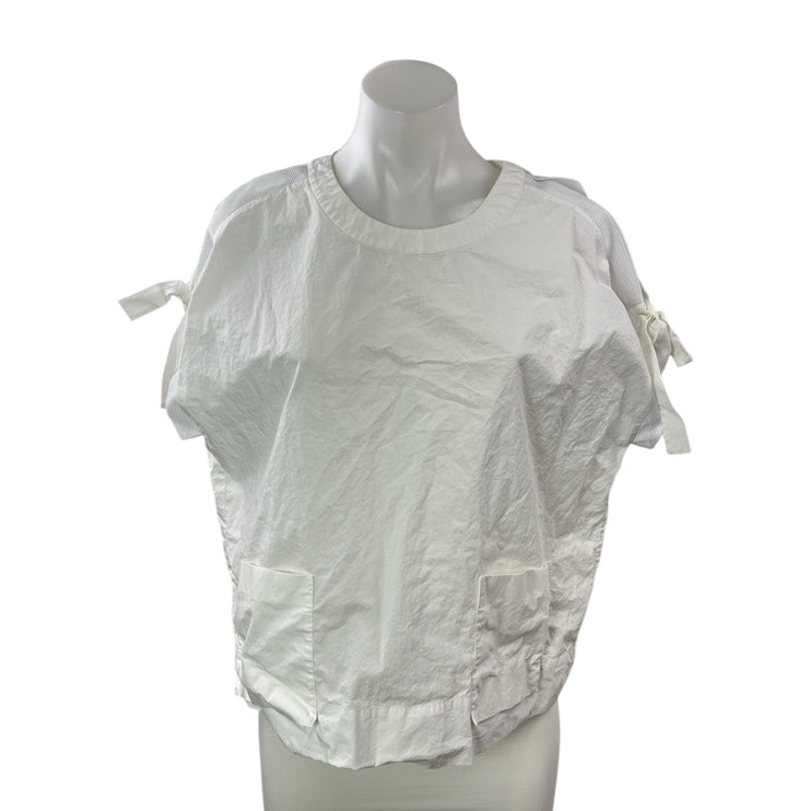 Visit in New York White Round Neck Bow Short Puff Sleeves Tunic Blouse Top M/L