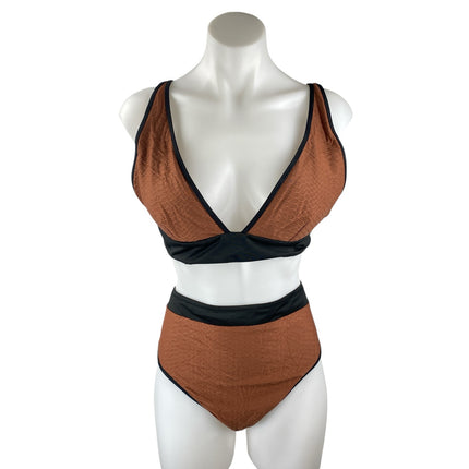 NEW Sanctuary Brown Honeycomb Triangle High Waist Two Piece Bikini Swimwear Sz L