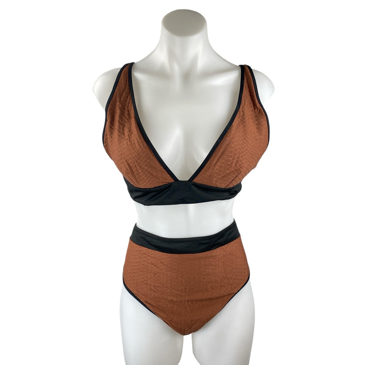 NEW Sanctuary Brown Honeycomb Triangle High Waist Two Piece Bikini Swimwear Sz L